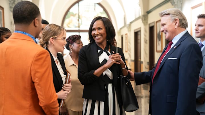 (L to R) Dyon Brooks as Basil Henderson, Terri J. Vaughn as Antoinette Dunkerson, Robert Craighead as Governor Irwin Harper, and Kevin Thoms as Jed Bonds in episode 102 of She The People