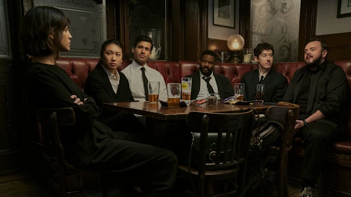 3 Body Problem. (L to R) Eiza González as Auggie Salazar, Jess Hong as Jin Cheng, Saamer Usmani as Raj Varma, Jovan Adepo as Saul Durand, Alex Sharp as Will Downing, John Bradley as Jack Rooney in episode 101 of 3 Body Problem. Cr. Ed Miller/Netflix © 2023
