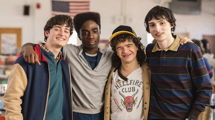 STRANGER THINGS: SEASON 5. (L to R) Noah Schnapp, Caleb McLaughlin, Gaten Matarazzo, and Finn Wolfhard behind the scenes of Stranger Things: Season 5. Cr. Atsushi Nishijima/NETFLIX © 2024 STRANGER THINGS: SEASON 5. (L to R) Noah Schnapp, Caleb McLaughlin, Gaten Matarazzo, and Finn Wolfhard behind the scenes of Stranger Things: Season 5. Cr. Atsushi Nishijima/NETFLIX © 2024