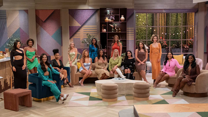 Love Is Blind. (L to R) Yenny Arisizabal, Marrisa George, Taylor Krause, Ashley Walker, Brittany Wisniewski, Morgan Moore, Monica Davis, Alexandra Brown, Katie Bollinger, Hannah Jiles, Nina Zafar, Dylan Maddox, Tara Zafar, Ally Dawson, Ashley Adionser in episode 701 of Love Is Blind. Cr. Adam Rose/Netflix © 2024