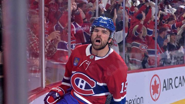 May 12, 2026; Montreal, Quebec, CAN; Montreal Canadiens forward Alex Newhook (15) celebrates after scoring a goal against the Buffalo Sabres during the first period in game four of the second round of the 2026 Stanley Cup Playoffs at Bell Centre. Mandatory Credit: Eric Bolte-Imagn Images