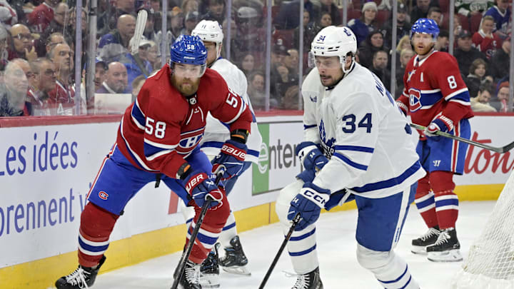 Apr 6, 2024; Montreal, Quebec, CAN; Montreal Canadiens defenseman David Savard (58) and Toronto