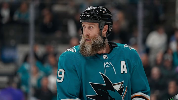Mar 8, 2020; San Jose, California, USA;  San Jose Sharks center Joe Thornton (19) during the third
