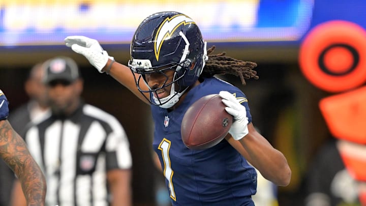 Nov 30, 2025; Inglewood, California, USA; Los Angeles Chargers wide receiver Quentin Johnston (1) reacts after making a touchdown catch against the Las Vegas Raiders during the first half at SoFi Stadium. Mandatory Credit: Jayne Kamin-Oncea-Imagn Images Nov 30, 2025; Inglewood, California, USA; Los Angeles Chargers wide receiver Quentin Johnston (1) reacts after making a touchdown catch against the Las Vegas Raiders during the first half at SoFi Stadium. Mandatory Credit: Jayne Kamin-Oncea-Imagn Images