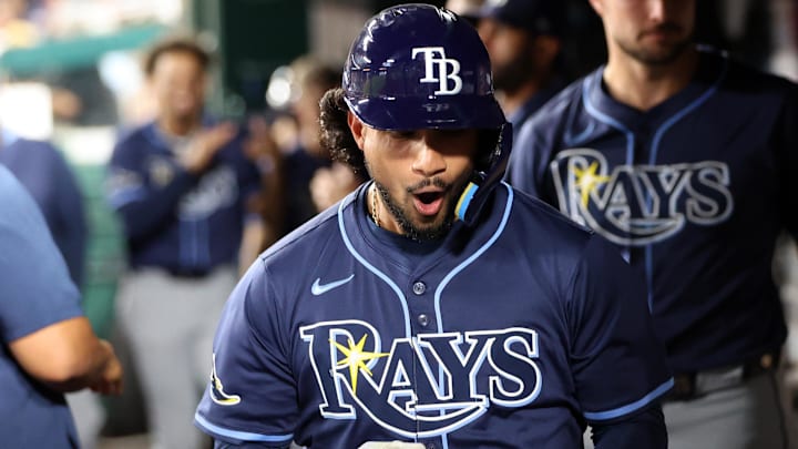 Aug 29, 2025; Washington, District of Columbia, USA; Tampa Bay Rays outfielder Everson Pereira (45) celebrates after hitting a home run during the fifth inning against the Washington Nationals at Nationals Park. Mandatory Credit: Daniel Kucin Jr.-Imagn Images
