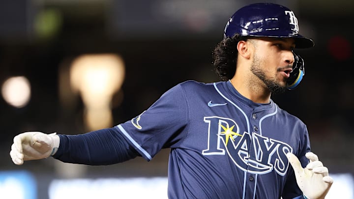 Aug 29, 2025; Washington, District of Columbia, USA; Tampa Bay Rays outfielder Everson Pereira (45) celebrates after hitting a home run during the fifth inning against the Washington Nationals at Nationals Park. Mandatory Credit: Daniel Kucin Jr.-Imagn Images