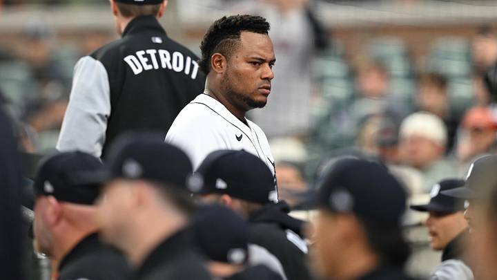 May 5, 2026; Detroit, Michigan, USA; Detroit Tigers starting pitcher Framber Valdez (59) walks down the dugout steps after being pulled from the game against the Boston Red Sox in the fourth inning at Comerica Park. Mandatory Credit: Lon Horwedel-Imagn Images