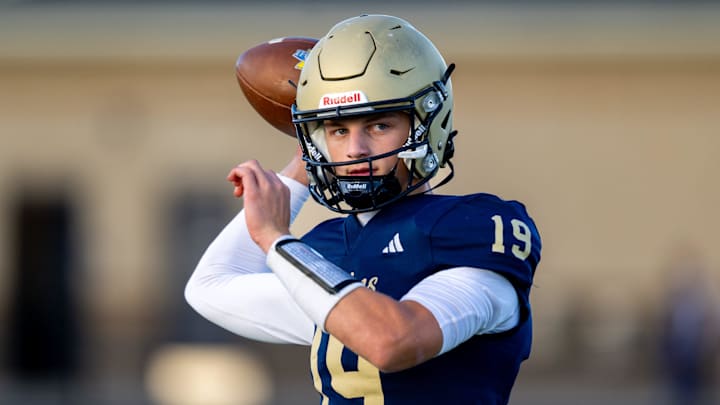 Tri-West Hendricks High School junior Jack Sorgi (19) warms up on the field before the start of an IHSAA varsity football game against Bishop Chatard High School, Friday, Oct. 10, 2025, at Tri-West Hendricks High School. Tri-West Hendricks High School junior Jack Sorgi (19) warms up on the field before the start of an IHSAA varsity football game against Bishop Chatard High School, Friday, Oct. 10, 2025, at Tri-West Hendricks High School.