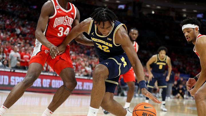 Mar 3, 2024; Columbus, Ohio, USA; Michigan Wolverines forward Tarris Reed Jr. (32) loses the ball as