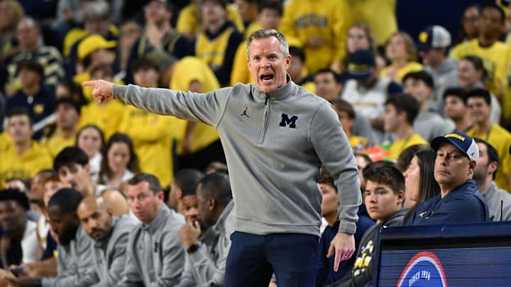 Nov 3, 2025; Ann Arbor, Michigan, USA; Michigan Wolverines head coach Dusty May yells during the first half against the Oakland Golden Grizzlies at Crisler Center. Mandatory Credit: Lon Horwedel-Imagn Images Nov 3, 2025; Ann Arbor, Michigan, USA; Michigan Wolverines head coach Dusty May yells during the first half against the Oakland Golden Grizzlies at Crisler Center. Mandatory Credit: Lon Horwedel-Imagn Images