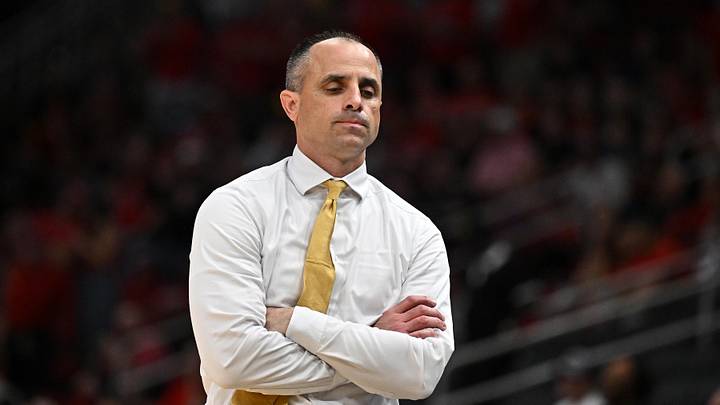 Mar 26, 2026; Houston, TX, USA; Iowa Hawkeyes head coach Ben McCollum reacts in the first half during a Sweet Sixteen game of the South Regional of the men's 2026 NCAA Tournament at Toyota Center. Mandatory Credit: Maria Lysaker-Imagn Images
