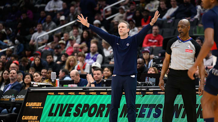 Mar 5, 2025; Washington, District of Columbia, USA; Washington Wizards head coach Brian Keefe reacts during the third quarter against the Utah Jazz at Capital One Arena. Mandatory Credit: Reggie Hildred-Imagn Images
