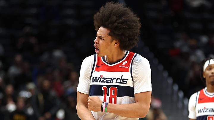 Jan 27, 2026; Washington, District of Columbia, USA; Washington Wizards forward Kyshawn George (18) celebrates during the second half against the Portland Trail Blazers at Capital One Arena. Mandatory Credit: Daniel Kucin Jr.-Imagn Images