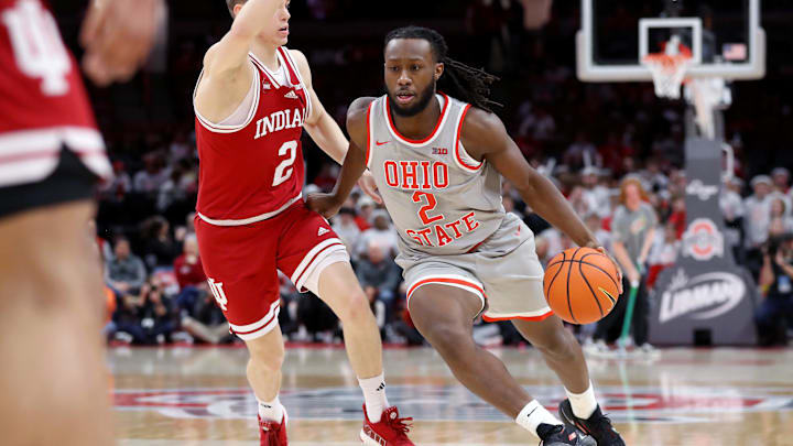 Feb 6, 2024; Columbus, Ohio, USA; Ohio State Buckeyes guard Bruce Thornton (2) dribbles as Indiana