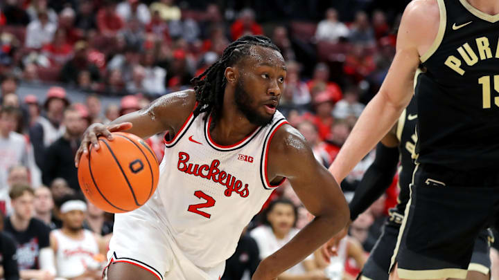 Feb 18, 2024; Columbus, Ohio, USA;  Ohio State Buckeyes guard Bruce Thornton (2) looks to score