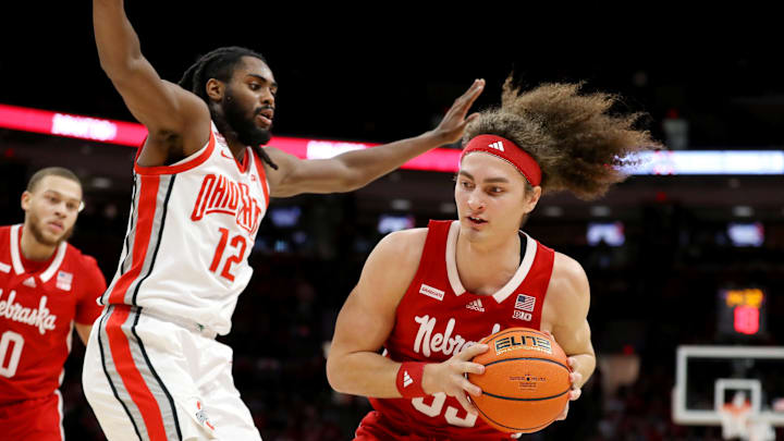 Feb 29, 2024; Columbus, Ohio, USA;  Nebraska Cornhuskers forward Josiah Allick (53) moves the ball