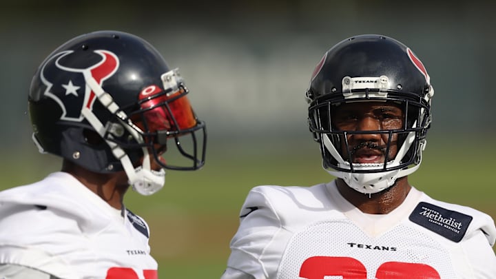 Jun 14, 2022; Houston, Texas, USA;  Houston Texans  defensive backs Kendall Sheffield (27) and Fabian Moreau (20) practice drills at minicamp at NRG Stadium. Mandatory Credit: Thomas Shea-USA TODAY Sports