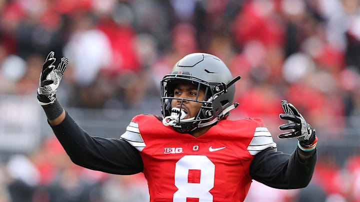 Nov 26, 2016; Columbus, OH, USA;  Ohio State Buckeyes cornerback Gareon Conley (8) gets the crowd into the game during the second quarter against the Michigan Wolverines at Ohio Stadium. Ohio State won 30-27. Mandatory Credit: Joe Maiorana-USA TODAY Sports