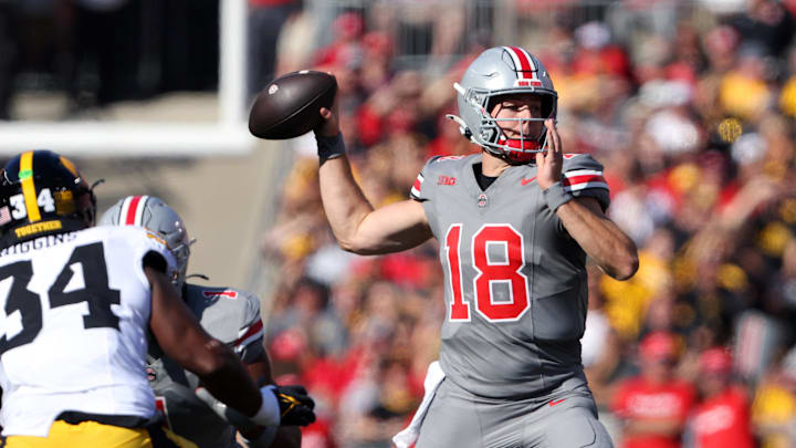 Oct 5, 2024; Columbus, Ohio, USA; Ohio State Buckeyes quarterback Will Howard (18) drops to throw against the Iowa Hawkeyes during the first quarter at Ohio Stadium. Mandatory Credit: Joseph Maiorana-Imagn Images