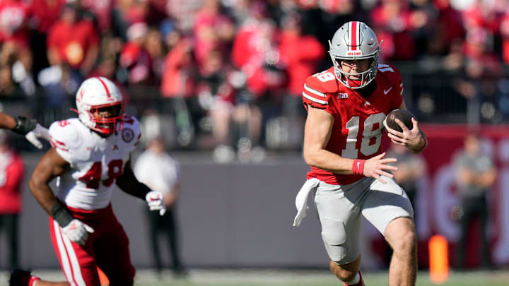 Ohio State Buckeyes quarterback Will Howard (18) runs the ball against Nebraska Cornhuskers during the fourth quarter of their game at Ohio Stadium on Oct 26, 2024, in Columbus.
