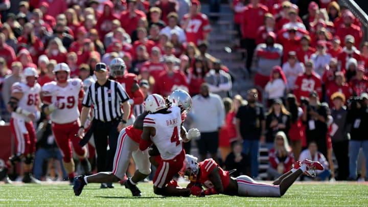 Ohio State Buckeyes linebacker Arvell Reese (20) was ejected for targeting on hit after a catch by Nebraska Cornhuskers wide receiver Jahmal Banks (4) during the fourth quarter of their game at Ohio Stadium on Oct 26, 2024, in Columbus.