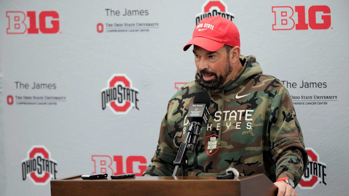 Ohio State head coach Ryan Day speaks to the meeting during a press conference before the start of spring football at the Woody Hayes Athletic Center on March 7, 2025.