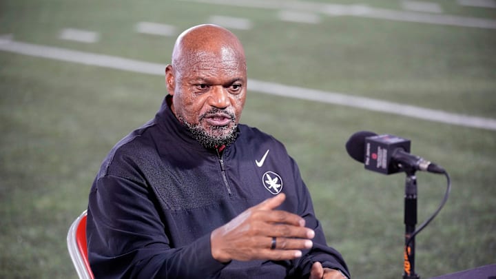 Ohio State defensive line coach Larry Johnson speaks to the meeting during a press conference before the start of spring football at the Woody Hayes Athletic Center on March 7, 2025.