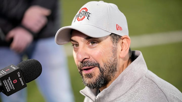 Ohio State defensive coordinator Matt Patricia speaks to the meeting during a press conference before the start of spring football at the Woody Hayes Athletic Center on March 7, 2025.