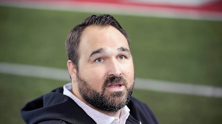 Ohio State offensive line coach Tyler Bowen speaks to the meeting during a press conference before the start of spring football at the Woody Hayes Athletic Center on March 7, 2025.