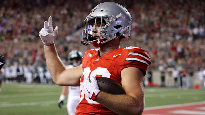 Sep 13, 2025; Columbus, Ohio, USA;  Ohio State Buckeyes tight end Max Klare (86) celebrates his touchdown during the second quarter against the Ohio Bobcats at Ohio Stadium. Mandatory Credit: Joseph Maiorana-Imagn Images