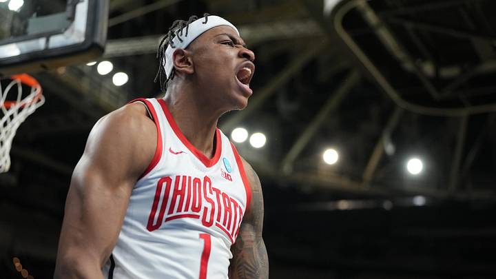 Mar 19, 2026; Greenville, SC, USA; Ohio State Buckeyes forward Amare Bynum (1) reacts against the Texas Christian University Horned Frogs in the second half during a first round game of the men's 2026 NCAA Tournament at Bon Secours Wellness Arena. Mandatory Credit: Bob Donnan-Imagn Images