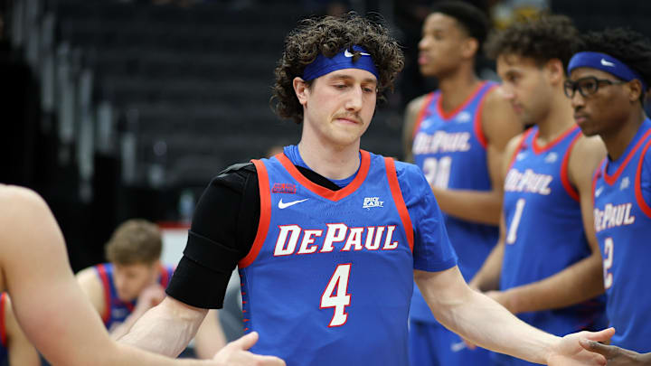 Jan 17, 2025; Washington, District of Columbia, USA; DePaul Blue Demons guard Conor Enright (4) is introduced before a game against the Georgetown Hoyas at Capital One Arena. Mandatory Credit: Daniel Kucin Jr.-Imagn Images