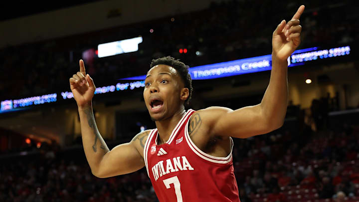 Jan 7, 2026; College Park, Maryland, USA; Indiana Hoosiers guard Nick Dorn (7) reacts to a call during the first half against the Maryland Terrapins at Xfinity Center. Mandatory Credit: Daniel Kucin Jr.-Imagn Images