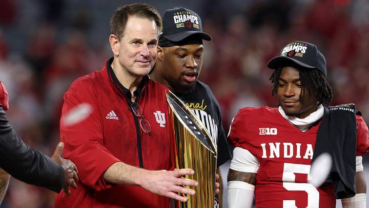 Jan 19, 2026; Miami Gardens, FL, USA; Indiana Hoosiers head coach Curt Cignetti reacts after the College Football Playoff National Championship game at Hard Rock Stadium. Mandatory Credit: Nathan Ray Seebeck-Imagn Images