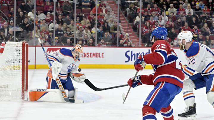 Jan 13, 2024; Montreal, Quebec, CAN; Edmonton Oilers goalie Stuart Skinner (74) makes a save against