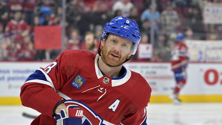Apr 6, 2024; Montreal, Quebec, CAN; Montreal Canadiens defenseman Mike Matheson (8) skates during the warmup period before the game against the Toronto Maple Leafs at the Bell Centre. Mandatory Credit: Eric Bolte-Imagn Images