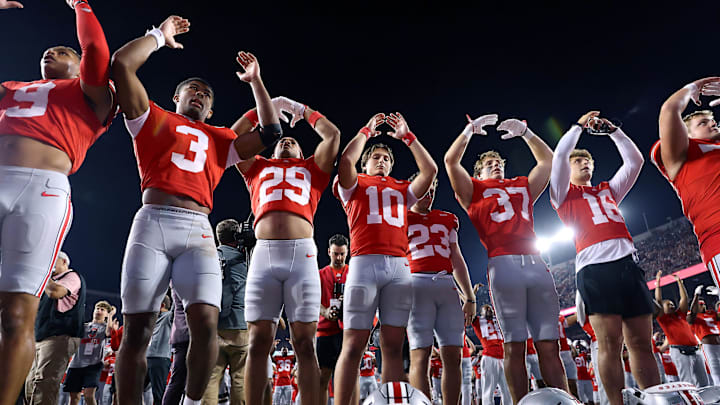 Sep 13, 2025; Columbus, Ohio, USA;  Ohio State Buckeyes quarterback Julian Sayin (10) reacts after the game against the Ohio Bobcats at Ohio Stadium. Mandatory Credit: Joseph Maiorana-Imagn Images