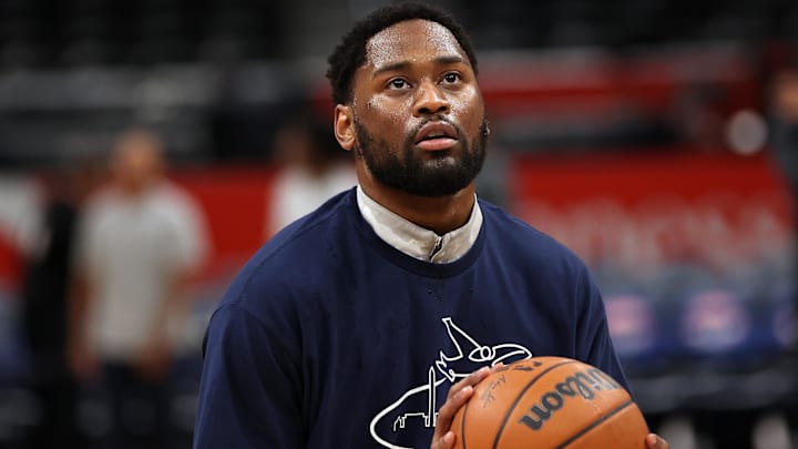 Jan 29, 2026; Washington, District of Columbia, USA; Washington Wizards guard Malaki Branham (8) takes a shot before a game against the Milwaukee Bucks at Capital One Arena. Mandatory Credit: Daniel Kucin Jr.-Imagn Images