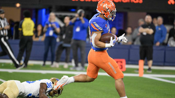 Dec 16, 2023; Inglewood, CA, USA; Boise State Broncos running back George Holani (24) runs past UCLA Bruins defensive back Alex Johnson (36) during the fourth quarter of the Starco Brands LA Bowl at SoFi Stadium. Mandatory Credit: Robert Hanashiro-USA TODAY Sports