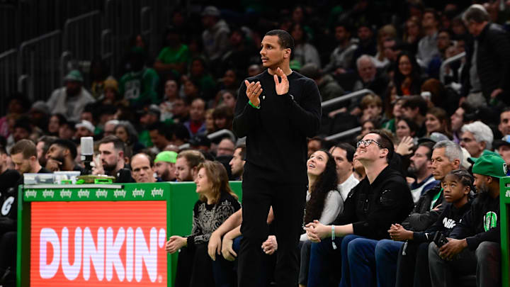Dec 8, 2023; Boston, Massachusetts, USA;  Boston Celtics head coach Joe Mazzulla reacts to game