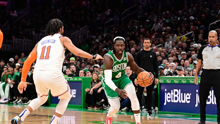 Dec 8, 2023; Boston, Massachusetts, USA;  Boston Celtics guard Jrue Holiday (4) dribbles the ball