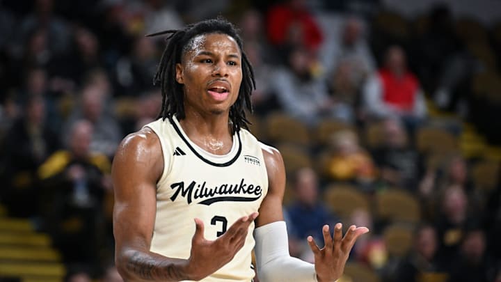 UW-Milwaukee forward Jamichael Stillwell (3) questions a would call in the second half of a Cream City Challenge game against Wofford on Saturday, November 23, 2024, at the UW-Milwaukee Panther Arena in Milwaukee, Wisconsin. UWM won, 76-74.