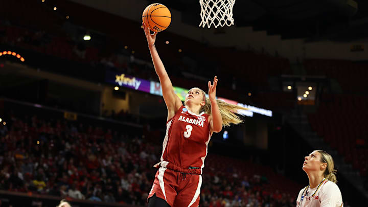 Mar 24, 2025; College Park, Maryland, USA; Alabama Crimson Tide guard Sarah Ashlee Barker (3) takes a shot over Maryland Terrapins guard Saylor Poffenbarger (6) during the first half at Xfinity Center. Mandatory Credit: Daniel Kucin Jr.-Imagn Images