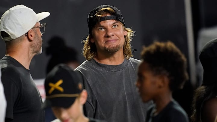 Comedian Theo Von watches the second quarter between Vanderbilt and Georgia State at FirstBank Stadium in Nashville, Tenn., Saturday, Sept. 20, 2025.
