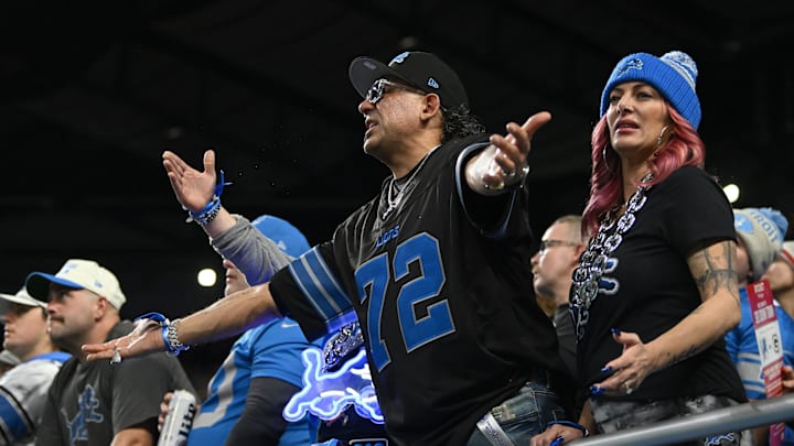 Dec 5, 2024; Detroit, Michigan, USA;  Detroit Lions fans complain about a pass interference penalty called on the Lions that took away an interception in the end zone against the Green Bay Packers in the second quarter at Ford Field. Mandatory Credit: Lon Horwedel-Imagn Images