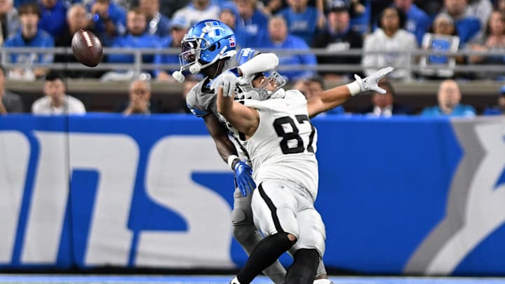 Oct 30, 2023; Detroit, Michigan, USA; Detroit Lions safety Kerby Joseph (31) breaks up a pass intended for Las Vegas Raiders tight end Michael Mayer (87) in the third quarter at Ford Field. Mandatory Credit: Lon Horwedel-Imagn Images
