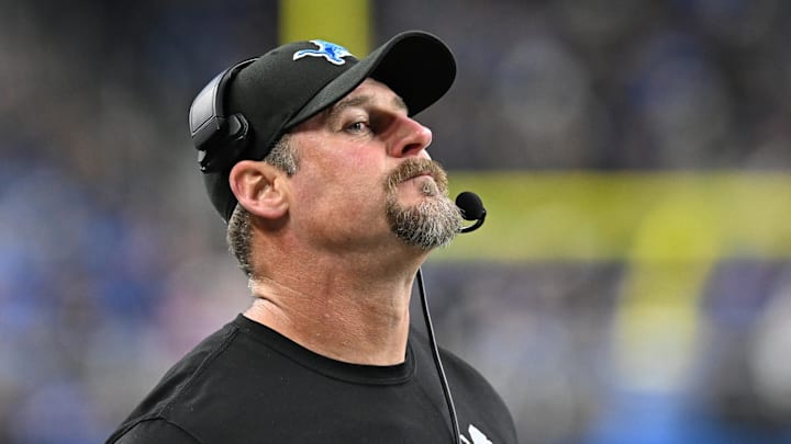 Dec 15, 2024; Detroit, Michigan, USA; Detroit Lions head coach Dan Campbell reacts after the Buffalo Bills scored a touchdown on their first play after recovering an onside kick attempt by the Lions in the fourth quarter at Ford Field. Mandatory Credit: Lon Horwedel-Imagn Images