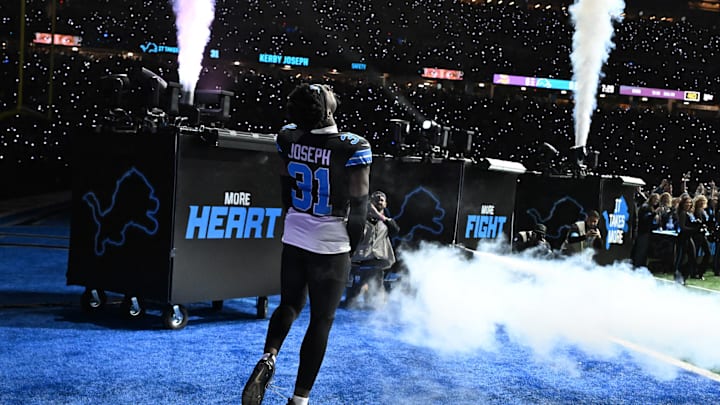 Jan 5, 2025; Detroit, Michigan, USA; Detroit Lions safety Kerby Joseph (31) takes the field during payer introductions before their game against the Minnesota Vikings at Ford Field. Mandatory Credit: Lon Horwedel-Imagn Images