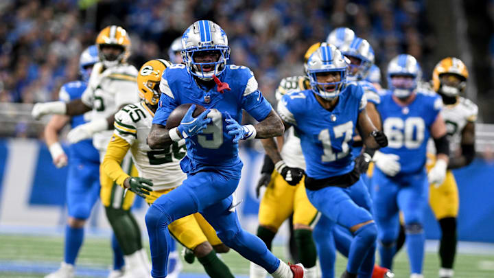 Dec 5, 2024; Detroit, Michigan, USA;  Detroit Lions wide receiver Jameson Williams (9) runs upfield after catching a pass against the Green Bay Packers in the first quarter at Ford Field. Mandatory Credit: Lon Horwedel-Imagn Images