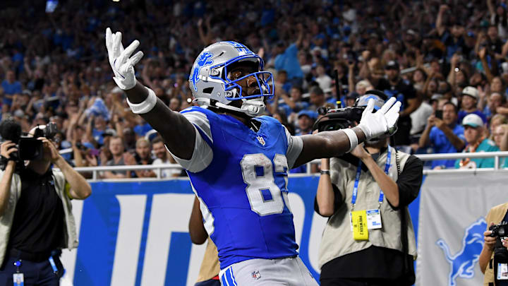 Aug 16, 2025; Detroit, Michigan, USA; Detroit Lions wide receiver Jackson Meeks (83) celebrates after scoring a touchdown against the Miami Dolphins in the second quarter at Ford Field. Mandatory Credit: Eamon Horwedel-Imagn Images